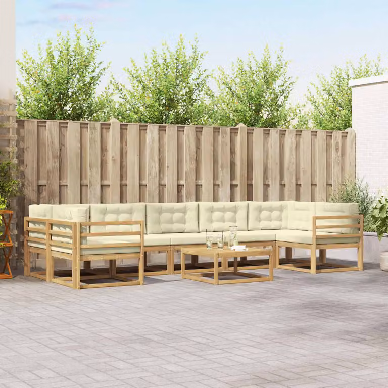 Set di divani da esterno vidaXL a forma di L con tavolo da caffè, in legno di acacia trattato, colore bianco e beige