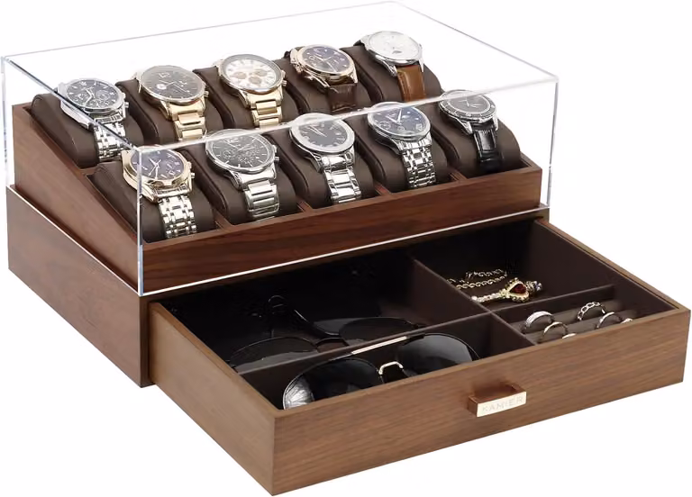 Scatola per orologi con 10 scomparti, a 2 livelli, con coperchio in vetro e cassetto, realizzata in legno e pelle, ideale per la conservazione degli orologi