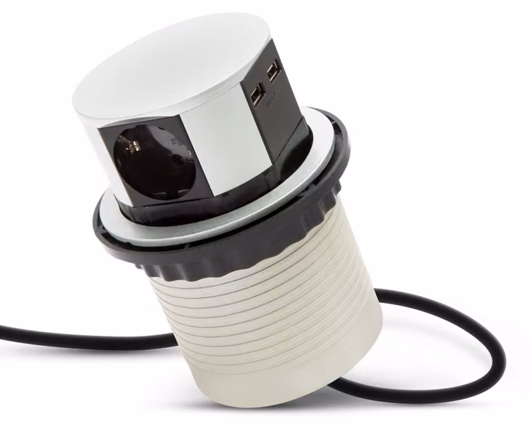 DELIGHT - Presa da tavolo pop-up da incasso con 2x USB e 3 prese - Argento - Profondità di installazione ridotta