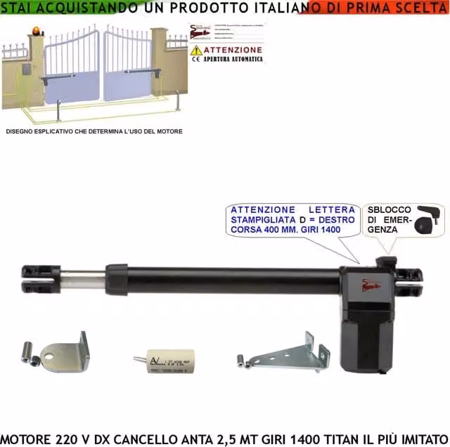 Motore per cancello Securvera Titan 230 V Destro con corsa stelo 400 mm per anta fino a 2,5 m, sblocco a chiave, corpo in alluminio pressofuso nero, protezione IP55