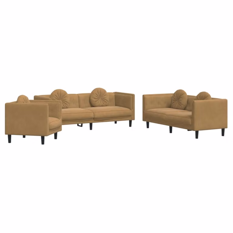 Set di Divani 3 pz con Cuscini Marrone in Velluto