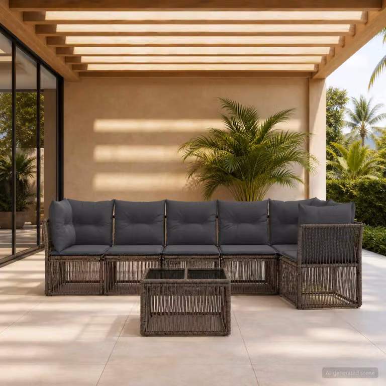 Set Divano da Giardino vidaXL 7 pz a Forma a L Grigio con Tavolino e Cuscini in Polyrattan e Acciaio