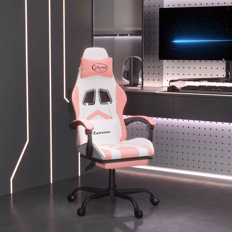 Sedia da Gaming vidaXL in Similpelle Bianco e Rosa con Poggiapiedi e Braccioli