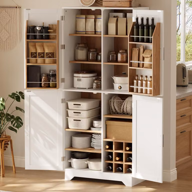 Armadio da cucina Flieks con 4 ante a griglia, mobile contenitore alto con ripiano per bottiglie e ripiano porta, dimensioni 80x40x180 cm, colore bianco