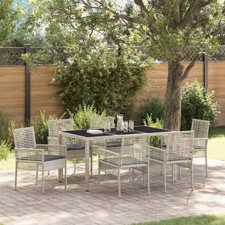 Set da pranzo per giardino e terrazzo vidaXL in polyrattan e vetro, 7 pezzi, Grigio chiaro