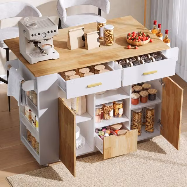 Isola cucina mobile con piano ribaltabile, MDF, 120 x 71 x 90 cm, 3 cassetti e ruote bloccabili
