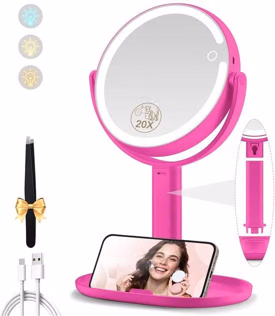 Specchio cosmetico regolabile, con ingrandimento 20x, illuminazione su entrambi i lati, colore rosa acceso