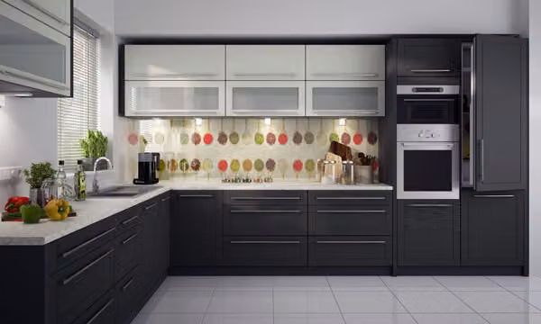 Cucina componibile a L KVANTUM mobile da cucina 385x256cm lava vanilla grafite estensione parziale