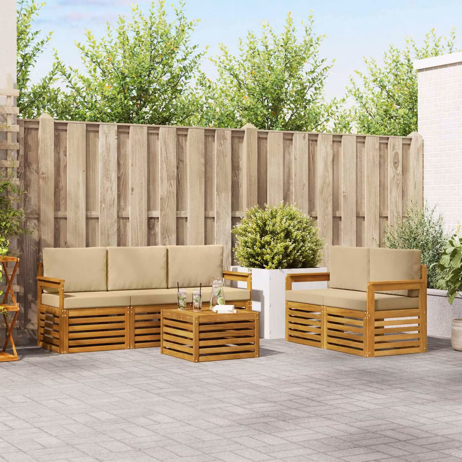 Set di divani da esterno vidaXL a forma di L in legno di acacia con tavolino e cuscini, Beige e Marrone