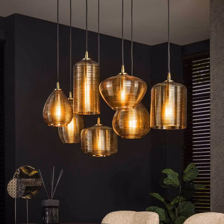 ZIJLSTRA Lampada a sospensione in vetro Stripeglas mix, dimmerabile, Crema / Ambra, Soggiorno / Sala da pranzo, Vetro, Lampada a sospensione