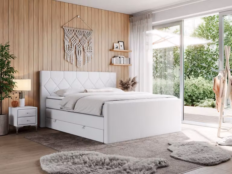 Letto boxspring con materasso matrimoniale, due cassetti portaoggetti, coprimaterasso, per camera da letto - KING EIGAR - 200x200 cm - Bianco - H3