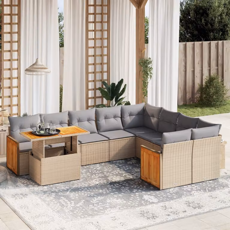 vidaXL Set Divano da Giardino 10 pz in Polyrattan con Cuscini Beige e Tavolino da Esterno a Forma di U