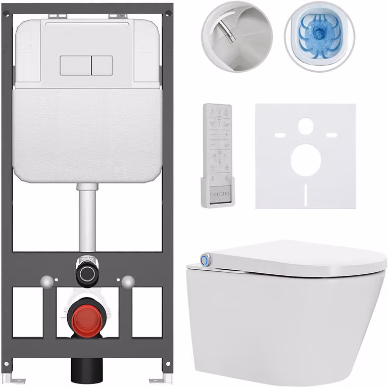 CERANO - WC sospeso con bidet Cronus Pro - bianco lucido - pulsante Prime/Modulo, bianco - sospeso - installazione a parete/cartongesso - 59,3 x 38,4 cm