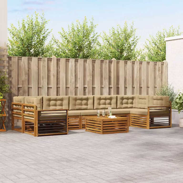 Set di divani da esterno vidaXL 8 pezzi in legno di acacia con tavolo da caffè e cuscini, forma a L, colore marrone e beige