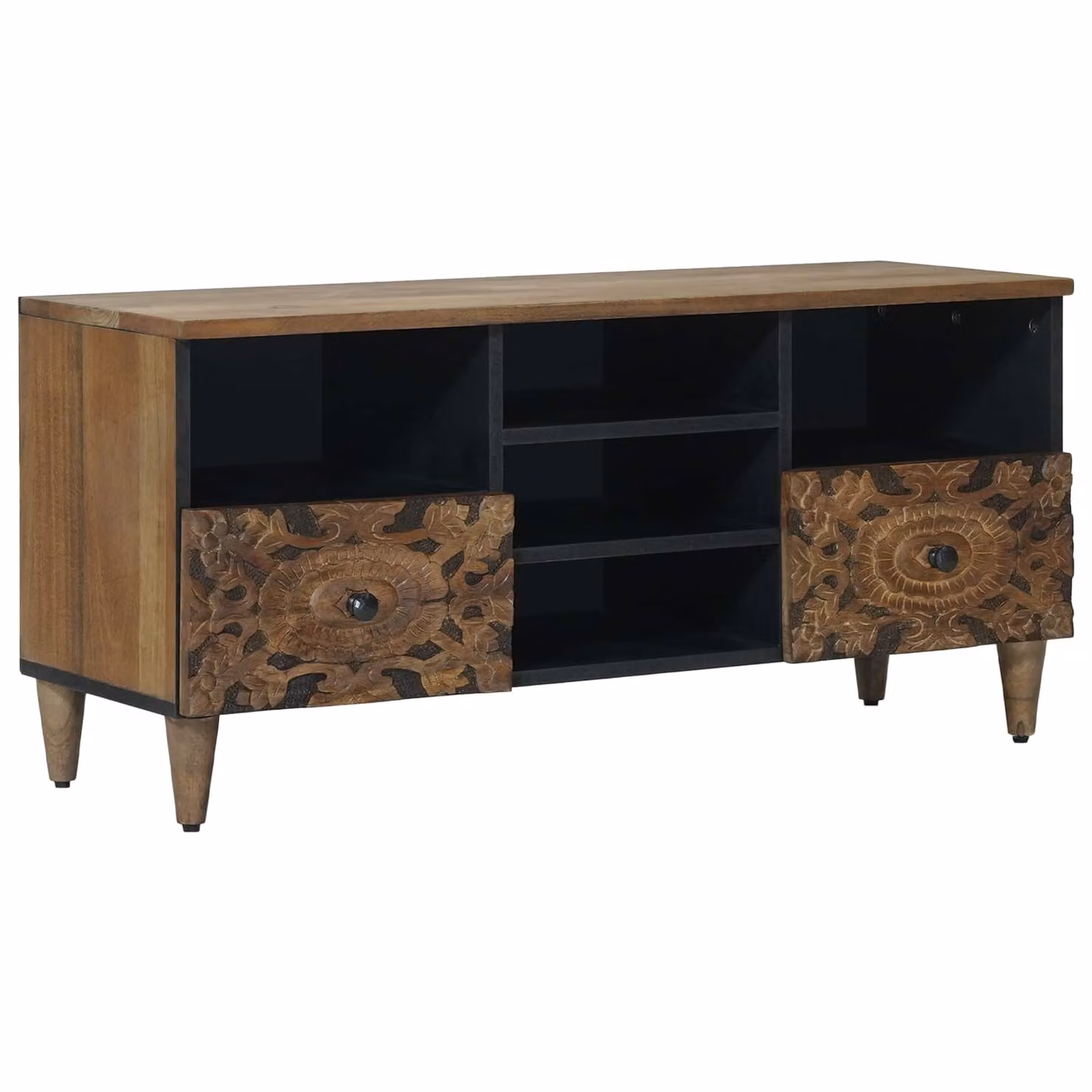 Mobile TV moderno vidaXL in legno di mango massello e metallo, Marrone, L 100 x P 33 x H 46 cm