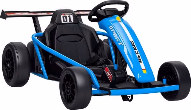 Go-kart elettrico AIYAPLAY 24V per guida e drifting con ruote in nylon, cintura di sicurezza, clacson e musica, Blu – 1