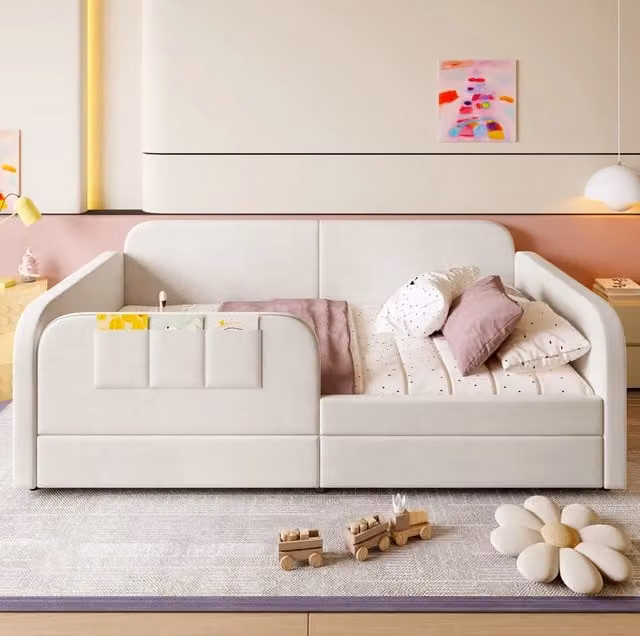 Letto singolo 90x200 cm bianco in velluto con 2 cassetti e tasche laterali