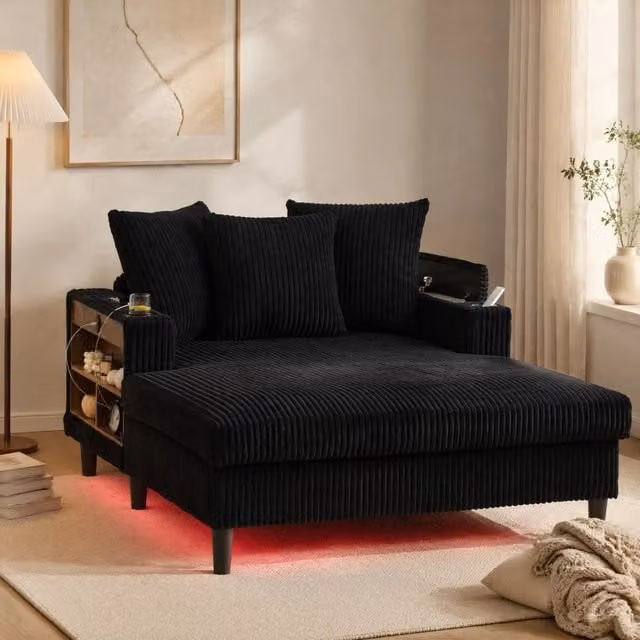 Chaise Longue REDOM in velluto a coste nero con illuminazione LED, porta bicchieri e ricarica USB, L/P/H: 129 x 170 x 70 cm