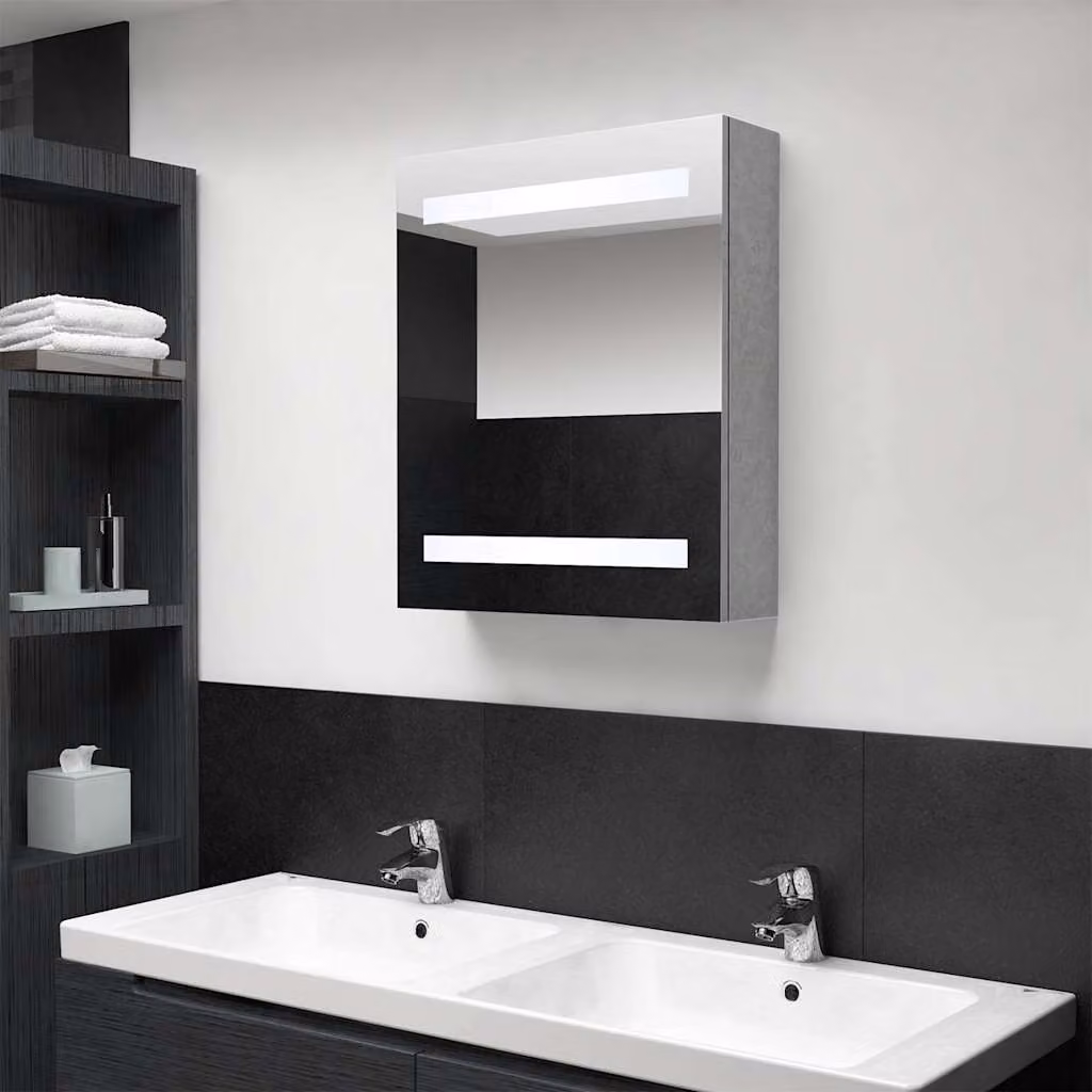 Armadietto da bagno con specchio e illuminazione LED vidaXL, Grigio, L 50 cm x P 14 cm x H 60 cm