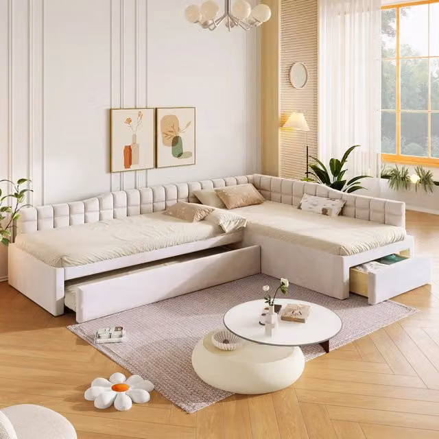 Letto estraibile angolare 90 × 200 e 90 × 190 cm, 3 posti con cassetti, senza materasso, in flanella beige