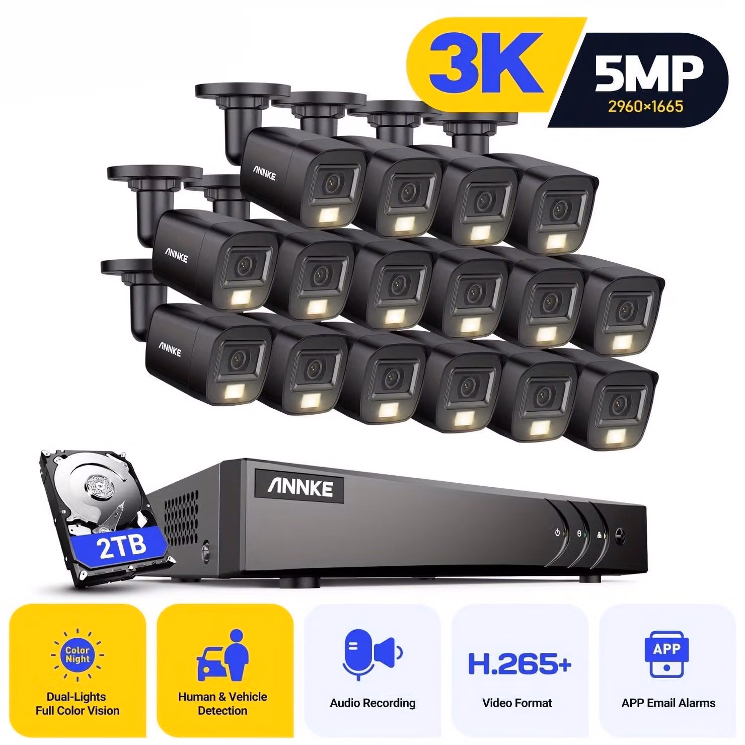 Kit di telecamere di sicurezza – Sistema di videosorveglianza a 8 canali con risoluzione 3K, visione notturna con doppia illuminazione e capacità di archiviazione di 4TB