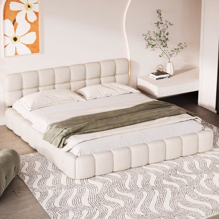 UnboxG Letto imbottito 140 x 200 cm, letto per ragazzi, letto matrimoniale con schienale morbido, letto piano con struttura imbottita, rete a doghe in lino