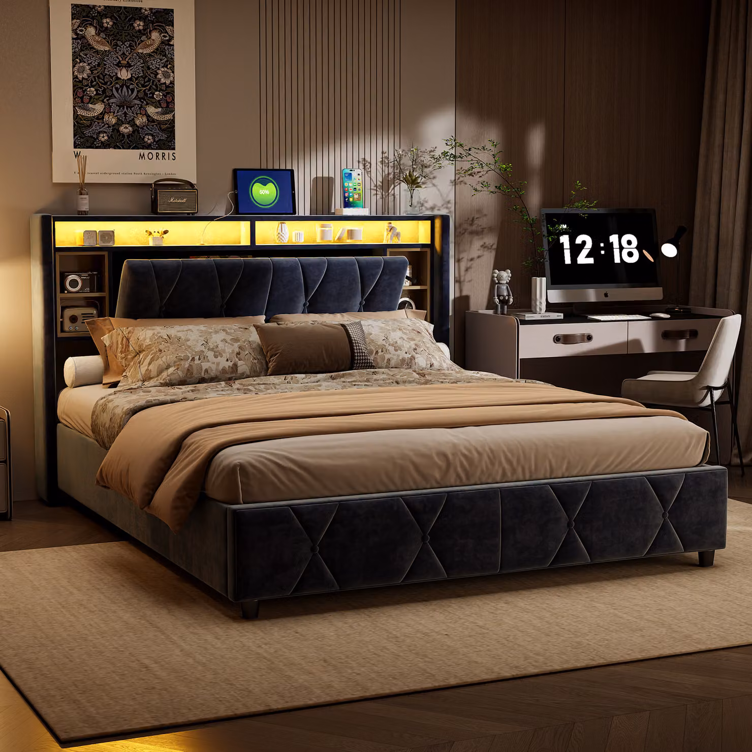 Letto imbottito CDGlobal 140x200cm con LED e USB, letto a molle idrauliche con rete a doghe, contenitore e struttura in metallo, letto matrimoniale biancheria giovanile, grigio