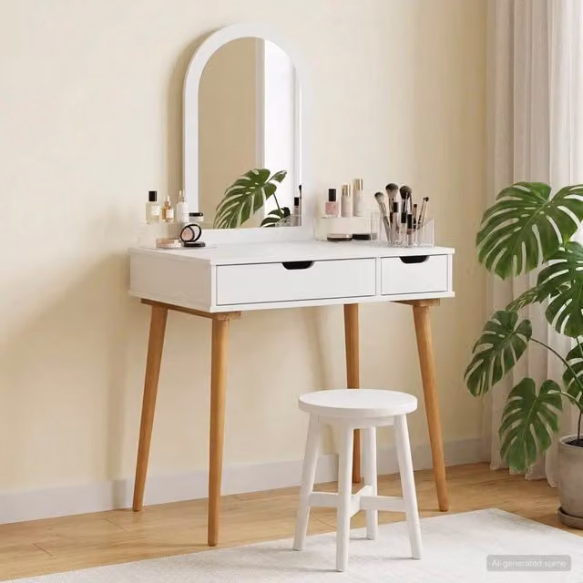 Set Tavolo da Trucco FAUSKE vidaXL 2 pz Bianco L: 76 cm, P: 50 cm, H: 143 cm