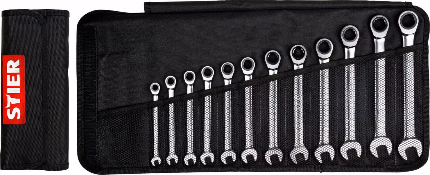 Set di chiavi a cricchetto STIER, 12 pezzi, SW 8 -19 mm, profilo 12H, forma piatta, acciaio al cromo vanadio, finitura cromata opaca, dentatura fine con 72 denti, in astuccio avvolgibile
