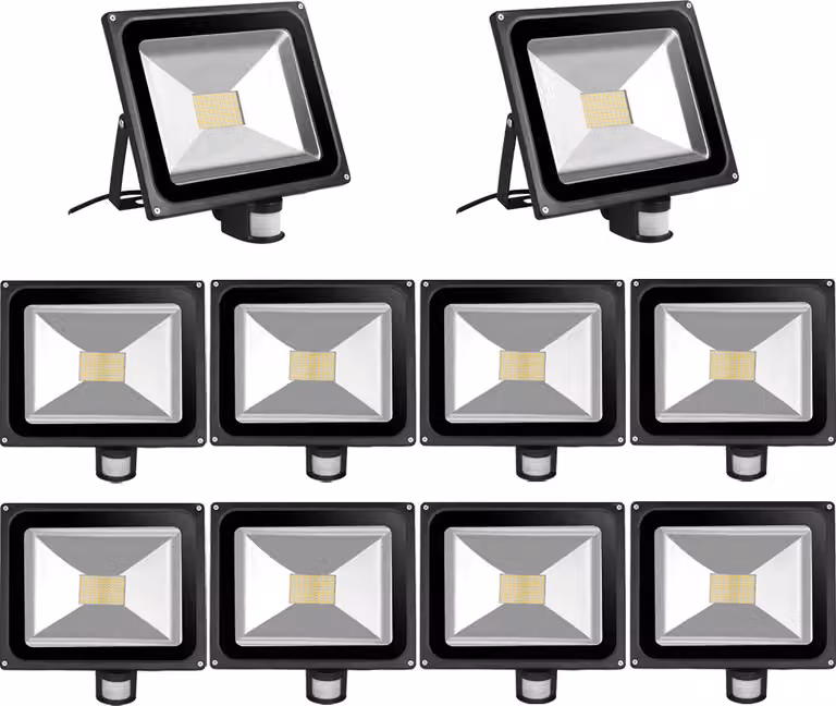 10 pezzi di proiettori LED SMD da 80 W con sensore di movimento PIR, Greenmigo 120°, IP65, corpo in alluminio nero, luce bianca calda
