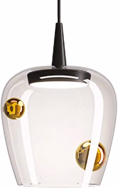Lampada a sospensione Bilia Zafferano con LED da 8W, luce calda 3000K, in vetro soffiato trasparente con finitura nero e oro, Diametro: 18 cm – 1