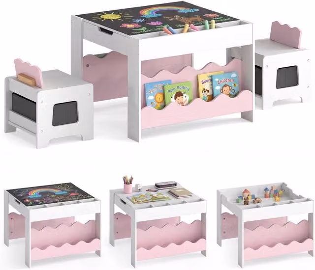 Set Tavolo e Sedie in Legno 3 in 1 per Bambini con Lavagna Reversibile e Cassetto, Design Moderno Rosa e Bianco – 1