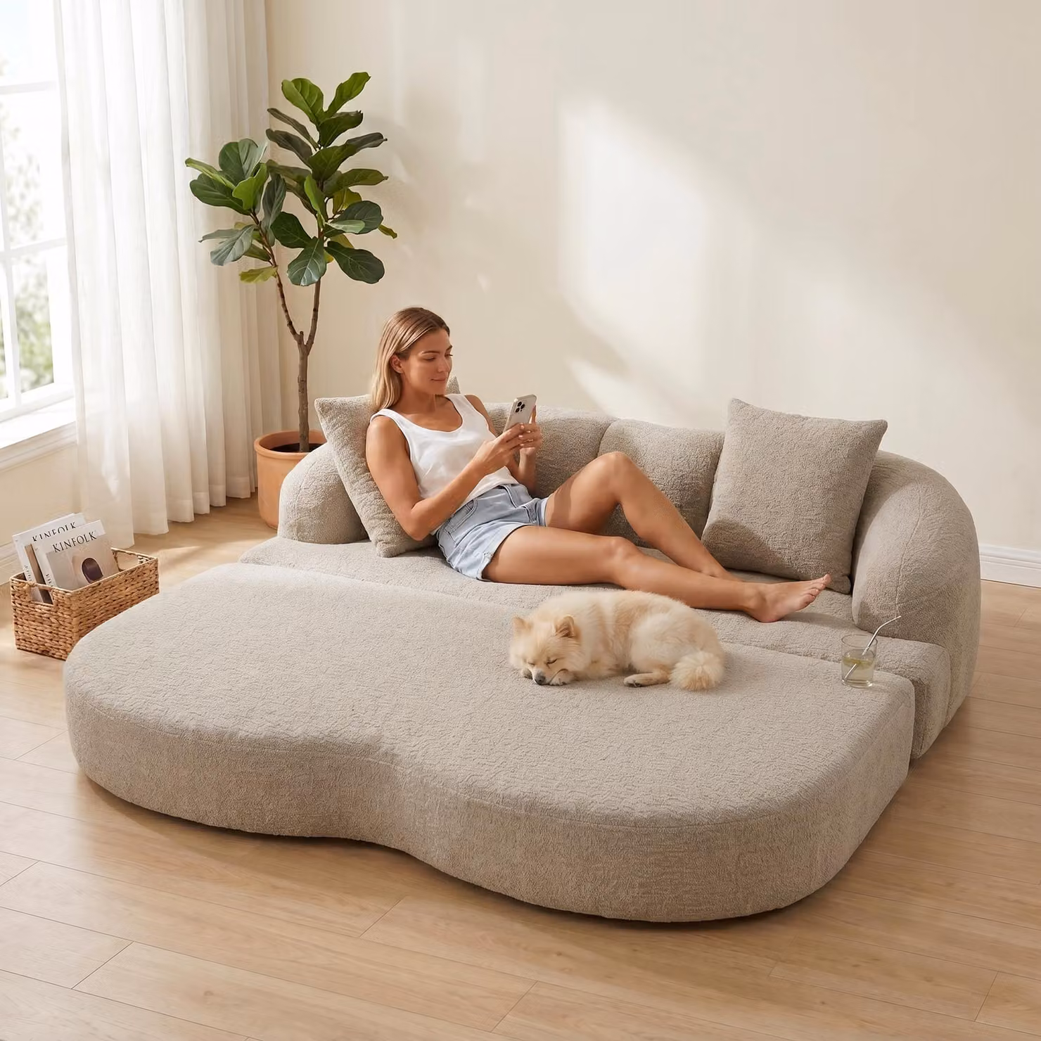 Divano letto LVHOM a 2 posti in ciniglia, divano pieghevole con funzione letto, letto pieghevole per ospiti da salotto in stile Japandi, color kaki