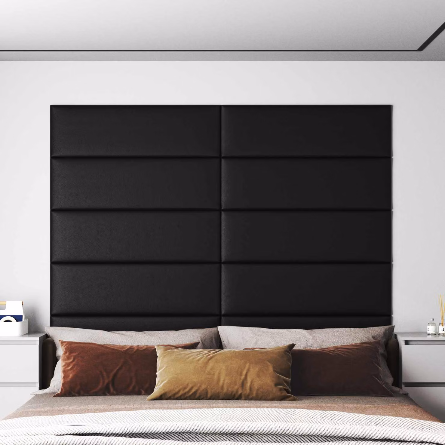 Set di 12 pannelli testiera da parete vidaXL in tessuto nero, design moderno imbottito, L: 90 cm, H: 30 cm