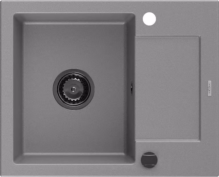 Mexen Enzo lavello da cucina in granito 1-vasca con gocciolatoio 576 x 465 mm, grigio, sifone nero - 6506571005-71-B