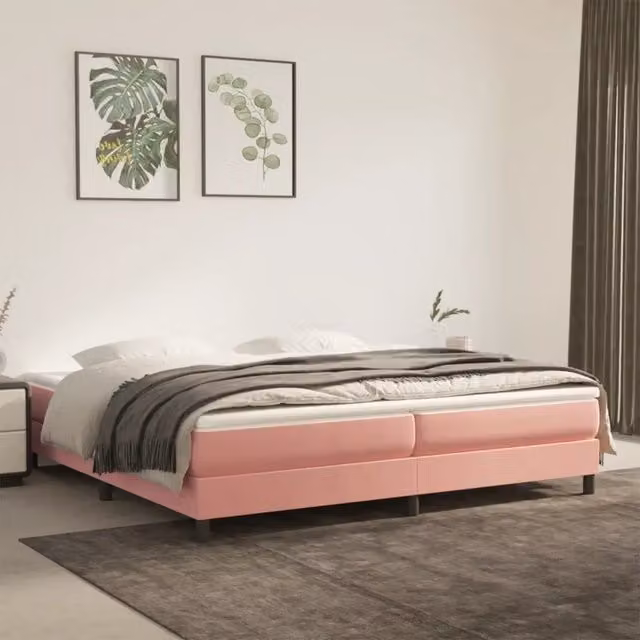 Letto matrimoniale con giroletto a molle e materasso ibrido vidaXL in velluto rosa e bianco L/P/H: 200 x 200 x 25 cm