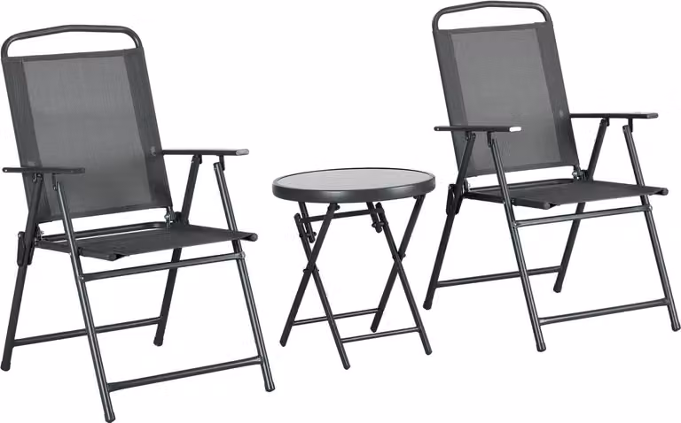 Set da bistrot in metallo, 3 pezzi, set di mobili da giardino resistente alle intemperie con tavolo pieghevole in vetro, sedie da giardino, set di mobili da balcone per esterni, gruppo salotto, set da balcone, set da giardino, grigio scuro
