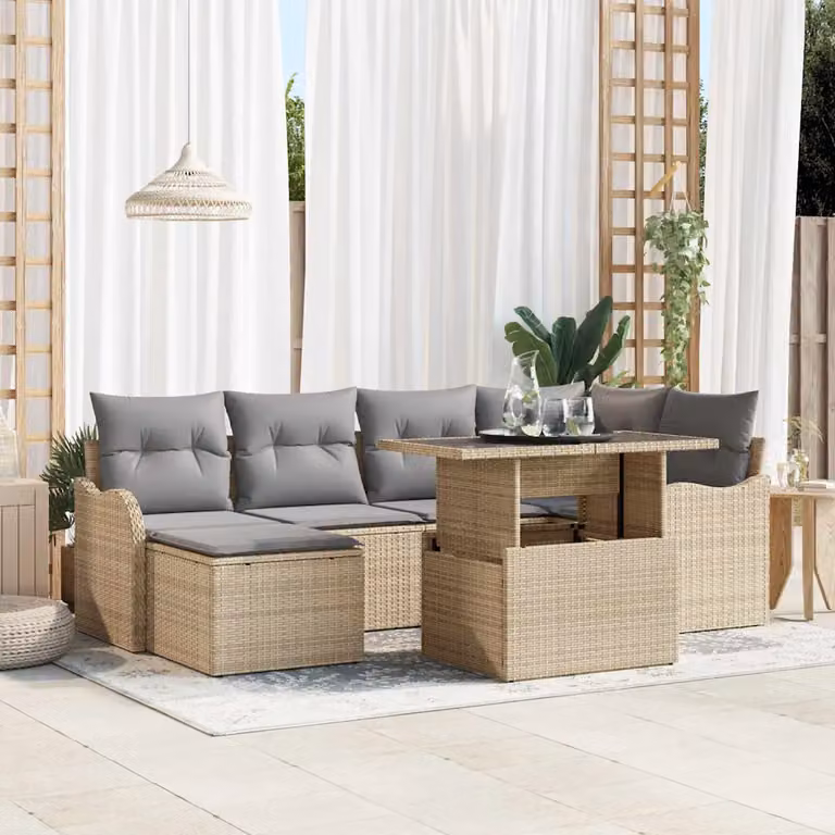 Set Divano da Giardino vidaXL 7 Pezzi a Forma di L in Rattan con Cuscini Beige e Tavolino in Vetro