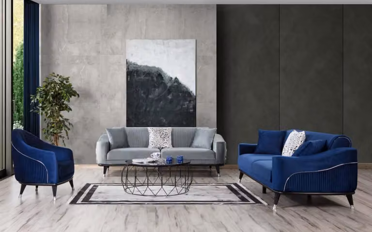 Sofagarnitur 3+3+1 Sitz Set Design Sofas Polster Couchen Holz grau blau Samt