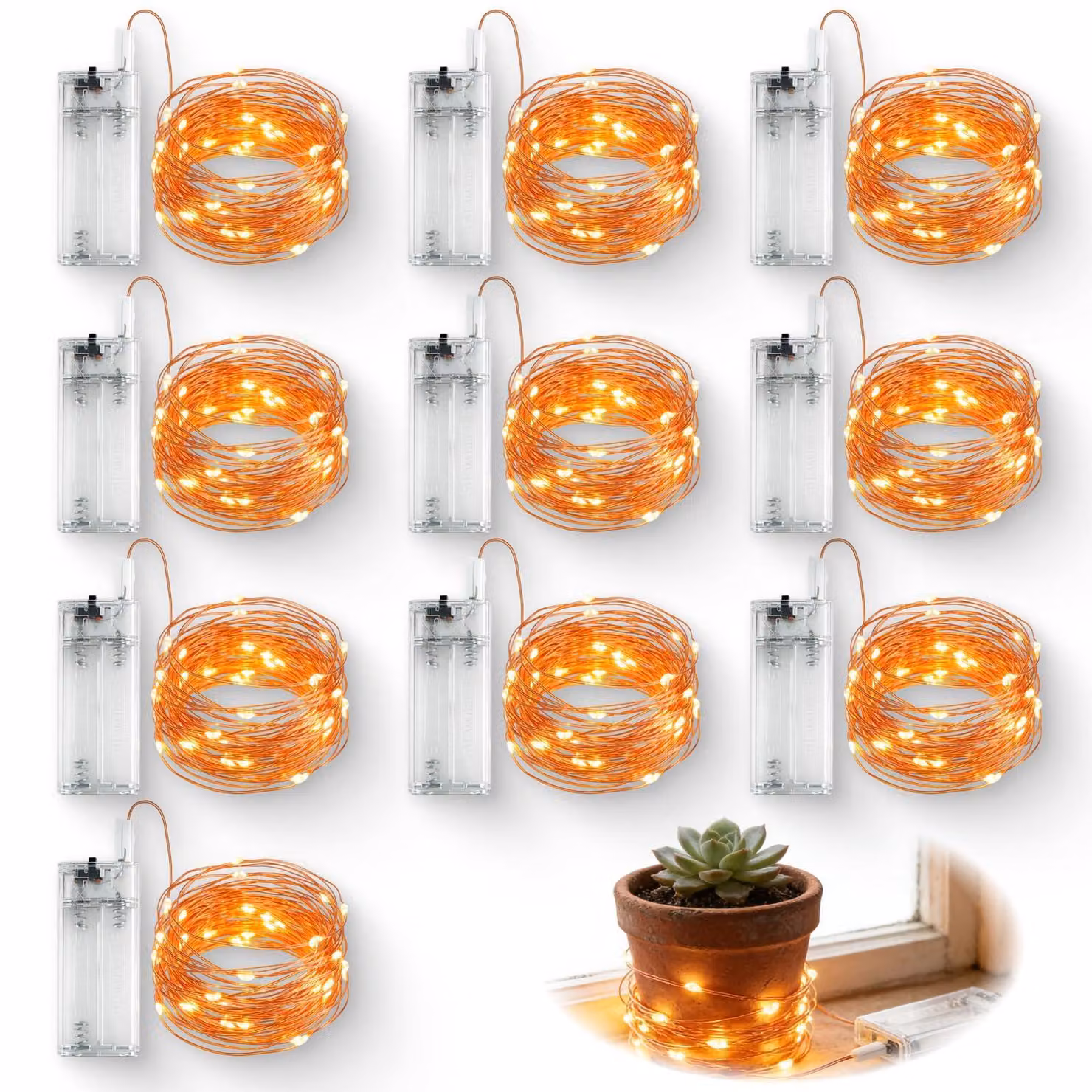 Catena luminosa a LED, lunghezza 3 metri, 30 LED bianco caldo, alimentazione a batteria, confezione da 10 pezzi