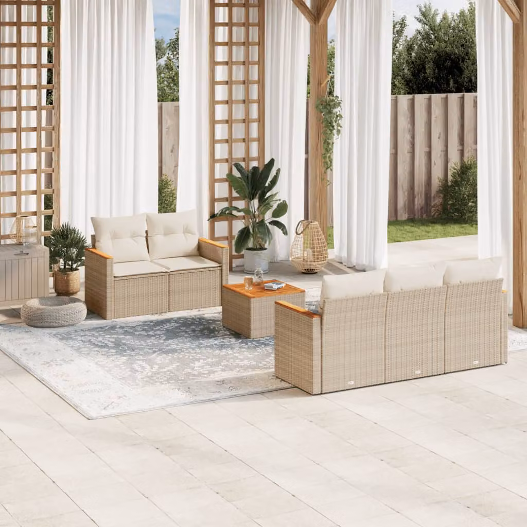 vidaXL Set Divano da Giardino a L 6 pz con Cuscini Beige e Tavolino in Polyrattan e Metallo – 1