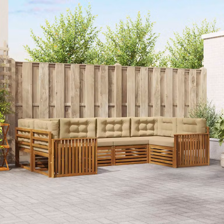 Set di divani da esterno vidaXL a forma di L composto da 6 pezzi in legno di acacia trattato e tessuto beige con cuscini inclusi