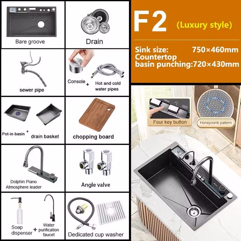 Lavello in acciaio inossidabile con scarico a cascata e rubinetto digitale, modello grande, lavabo multifunzionale