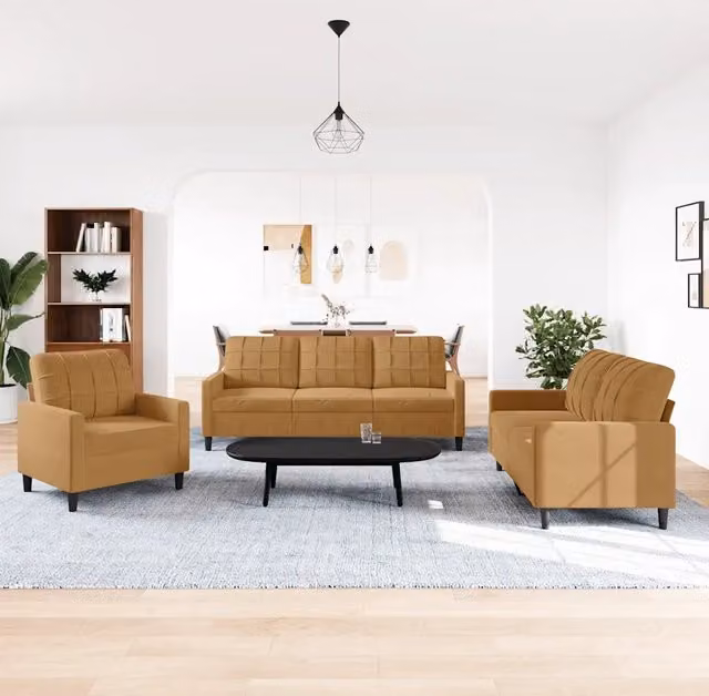 vidaXL Set di Divani Moderni 3 Pezzi in Velluto Marrone con Cuscini e Struttura in Metallo