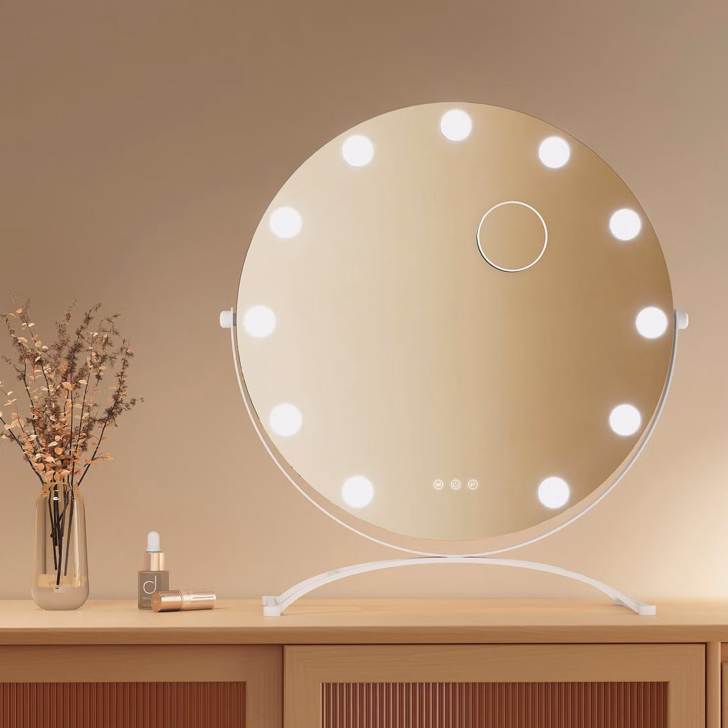 Specchio cosmetico EMKE Hollywood 58X50cm Specchio da trucco rotondo con illuminazione a LED e ingrandimento 7x, 3 colori di luce dimmerabili, bianco