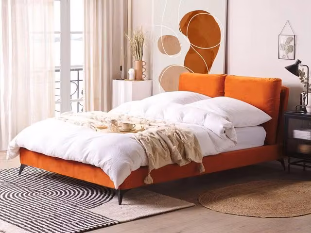 Letto imbottito moderno in velluto BELIANI arancione L/P/H: 140 x 200 cm – 1