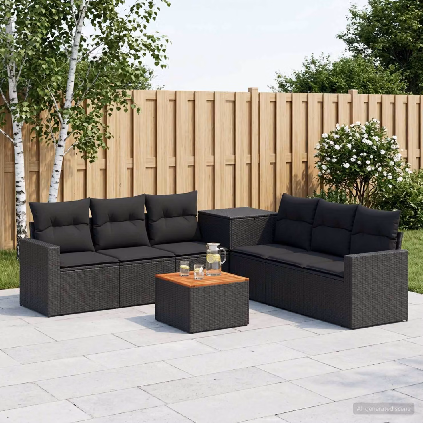 Set di divani da giardino vidaXL 8 pezzi in rattan sintetico e metallo nero con cuscini e tavolino da caffè coordinato