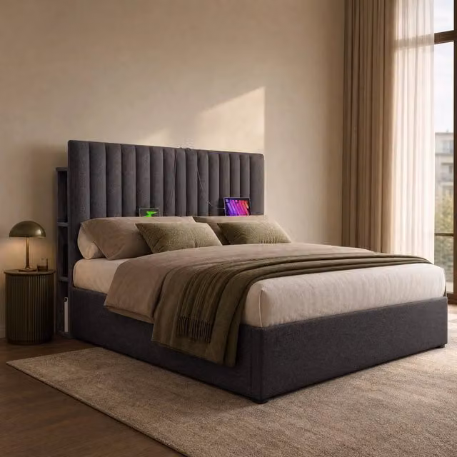 Letto matrimoniale 160x200 grigio con contenitore, LED app e ricarica USB-C