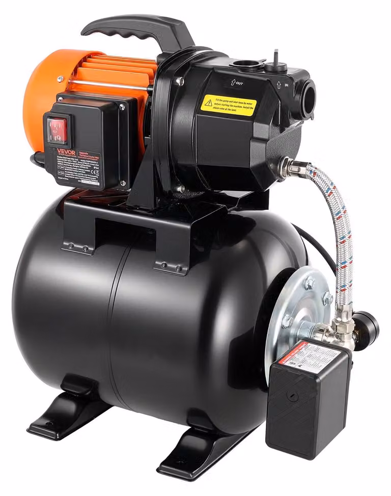Pompa per pozzi poco profondi da 1 HP con serbatoio a pressione, 230 V, 3750 l/h; pompa a getto per irrigazione in ghisa con serbatoio da 19 l; sistema automatico di trasferimento e aumento della pressione dell'acqua; pressostato da 1,4-2,8 bar; per giard