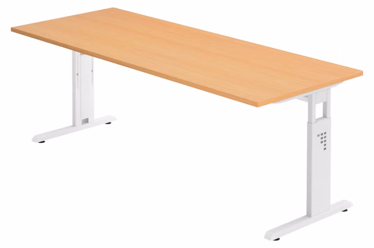 Scrivania della serie "O" di bümö: finitura effetto noce, struttura bianca, dimensioni 200 x 80 cm